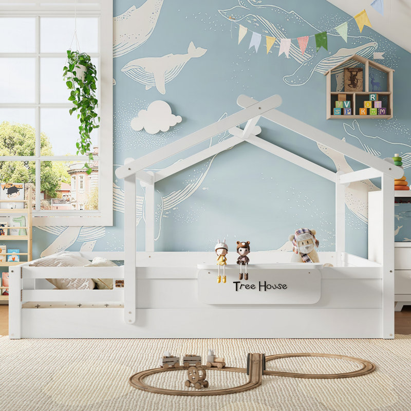 Floor Bed With Guardrails And Roof, White, Queen
