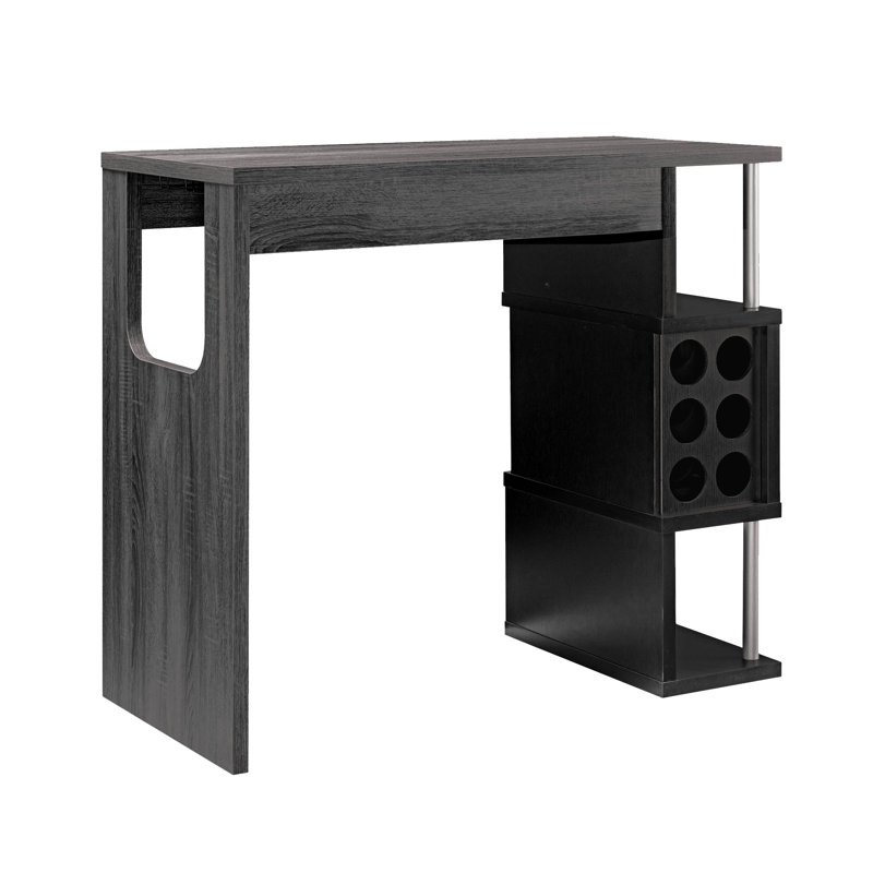 Home Bar Table With Wine Glass Compartment And Three Shelves For A Cool Bar, Grey & Black Large Top Storage