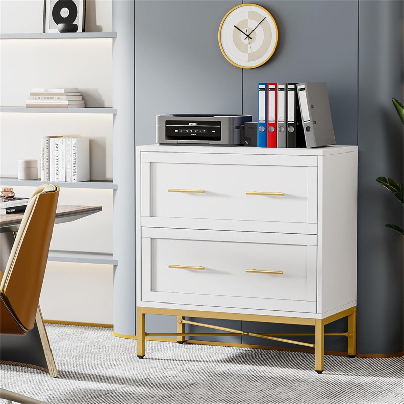 31.49-Inches Modern White & Gold 2-Drawer Lateral File Cabinet