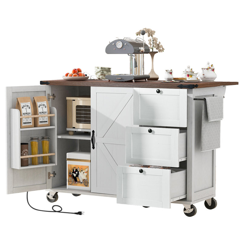 54.5" Farmhouse Kitchen Island With Storage Rack, Drop Leaf, Spice Rack, Rolling Cart & Power Outlet, White, White