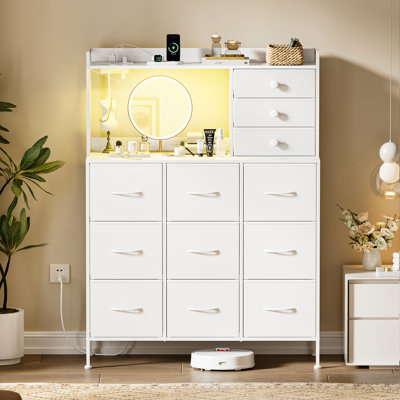 Commode 12 tiroirs avec 2 tablettes, commode H 53,15 po avec DEL et prise Cheo