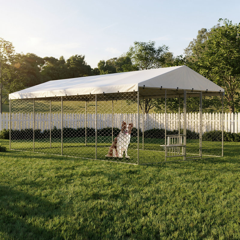 Grand chenil d'extérieur 20 x 10 pi avec auvent, structure en acier galvanisé robuste, couvercle imperméable, bols à nourriture surélevés intégrés, parc pour animaux de compagnie verrouillable à l'épreuve des fuites pour grands chiens et plusieurs animaux