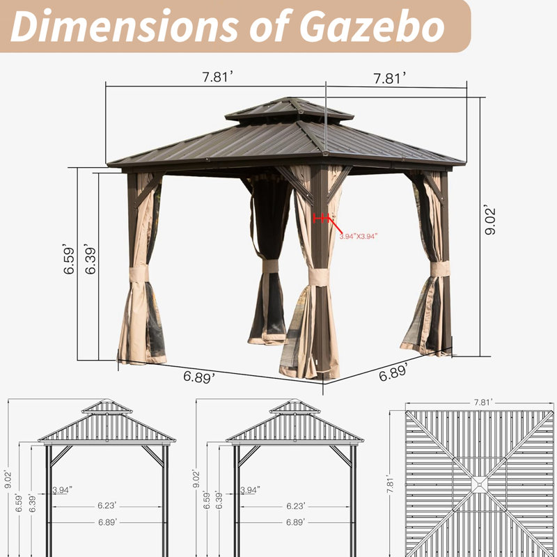 Pavillon de jardin en aluminium 8 pi x, toit en acier galvanisé, brun