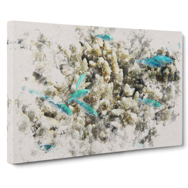 Coral Reef And Blue Fish Watercolour - Wrapped Canvas Print, 35cm H x 50cm W x 3cm D