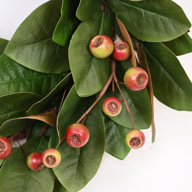 Couronne de porte de 22 po en forme de grappe de fleurs de magnolia, Vert / Orange