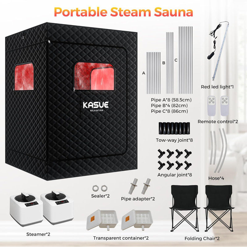 Très grand sauna pour 2 personnes avec thérapie par la lumière rouge (71 po x 49 po x 36 po) - deux générateurs de vapeur de 3 L, isolation à 5 couches, télécommande, conception pliable portable