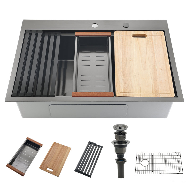 33" Drop-In Apron-Front Workstation Kitchen Sink, Thickened 304 Stainless Steel Deep Basin, Includes Cutting Board, Drain Rack & Colander