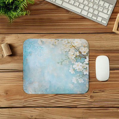 Floral Zen Asian Inspired Light Blue Floral Blossoms Flowers Gaming Cute Office Laptop Desk Pad Gift Mat Square Rectangle Non-Slip Mousepad