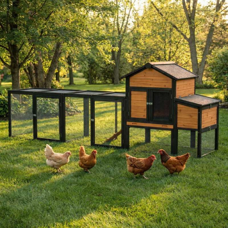 Poulailler 120 po en bois avec enclos, poulailler extensible pour 2 à 5 poules, 7 portes d'accès, nichoir et plateau coulissant