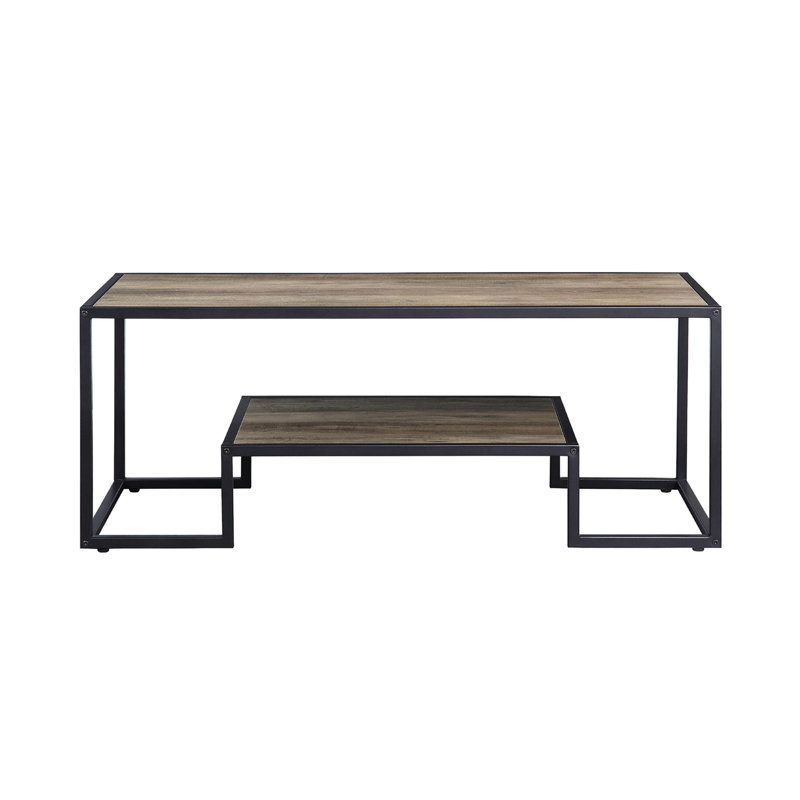 Table basse rectangulaire avec aspect chêne rustique et structure en métal noir, tablette à 1 niveau pour le rangement ouvert, bord supérieur en placage de papier pu de 15 mm d'épaisseur, cadre de conception de salon idéal