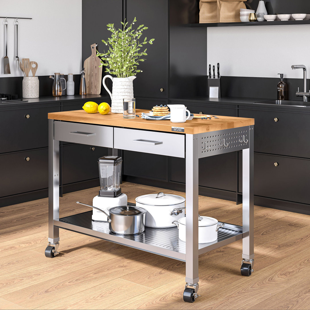 48'' Wide Stainless Steel Kitchen Rolling Cart Island with Solid Wood Top Seville Classics Base