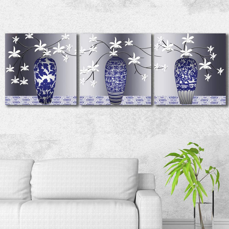 «Green Flower Porcelain Vase», peinture sur toile tendue 3 pièces, H 24 po x l 72 po x P 1,5 po