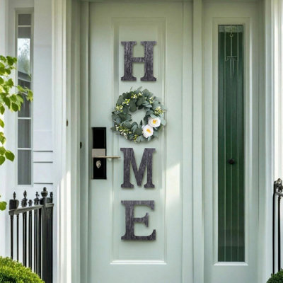 Farmhouse Wooden HOME Letters with Interchangeable Wreath - Rustic Door Hanging Sign for Entryway & Wall Decor