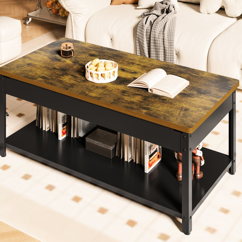 Table basse rectangulaire à double couche avec compartiment de rangement caché et verrou d'empreinte digitale - Table de salle à manger de salon, convient aux appartements, aux résidences, aux immeubles