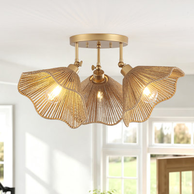 Plafonnier semi-encastré à 3 lumières en grappe de rotin Boho Gold