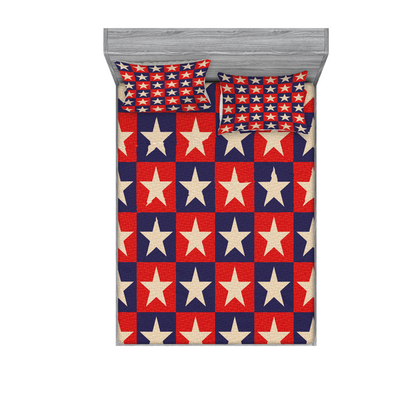 Ensemble de draps géométriques en bleu marine et rouge avec étoiles, Ensemble de drap pour grand lit avec drap-housse