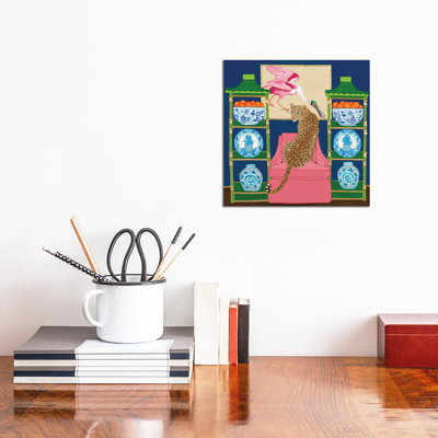 Chinoiserie Leopard In The Living Room With Blue And White Ginger Jar And Roseate Spoonbill- Gallery-Wrapped Canvas Giclée