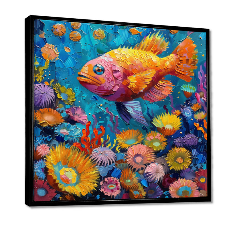 Décoration murale bleu et jaune, poisson tropical, paradis II - créatures marines, Toile avec cadre flottant noir