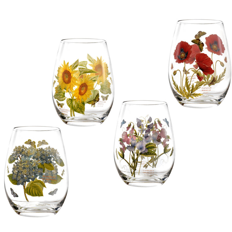 Colorful Floral Botanic Garden Stemless Wine Glass Set of 4