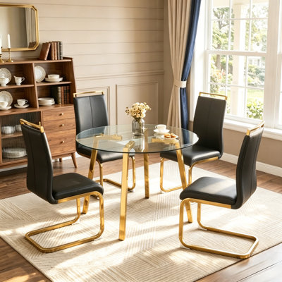 Modern Glam 5-Piece Round Tempered Glass Dining Table Set with Gold Base and Cantilever Chairs
