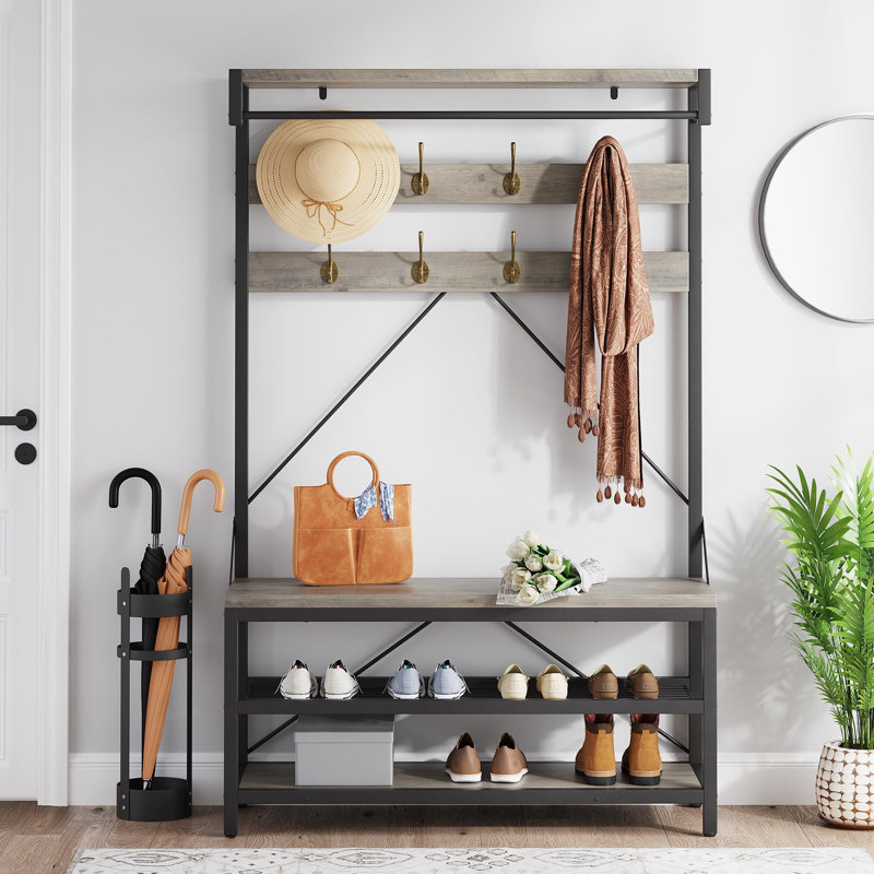 Hall Tree With Storage Bench Coat Rack Shoe Bench 4-In-1