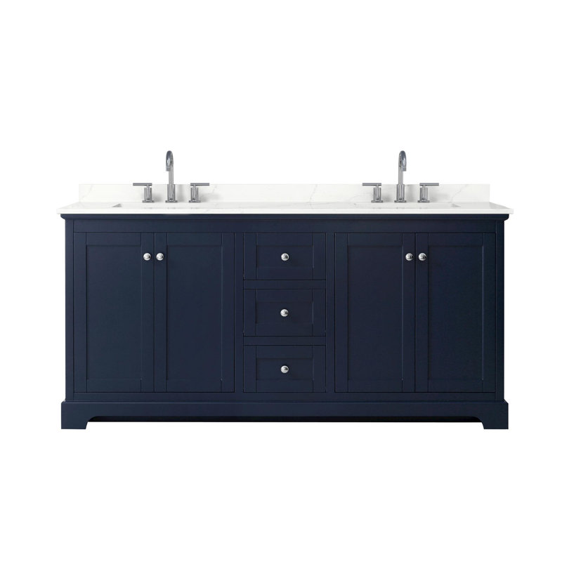 Meuble-lavabo double autoportant 72 po avec plateau en quartz Avery, Quartz Giotto, Bleu très foncé, Chrome poli