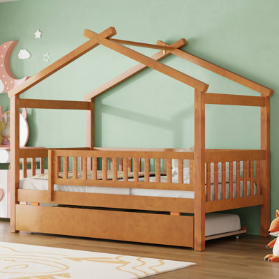 Twin Size Wooden House Bed with Trundle