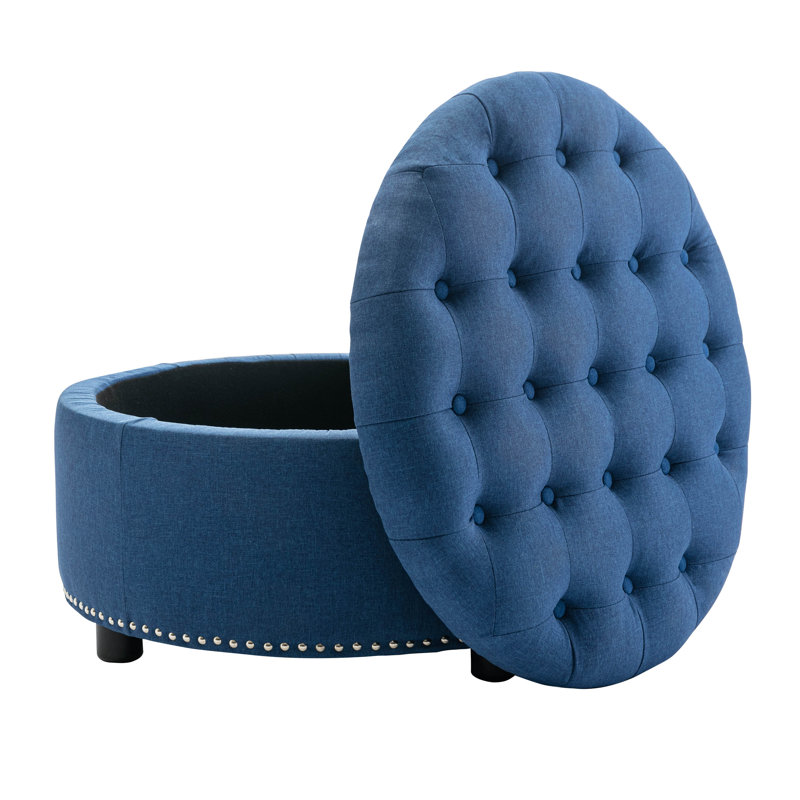 Claria Tufted Round Solid Colour Ottoman with Storage, Blue