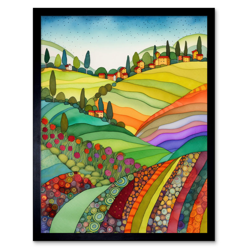Abstract Tuscany Hills Landscape Folk Art Artwork Framed Wall Art Print 9X7 Inch
