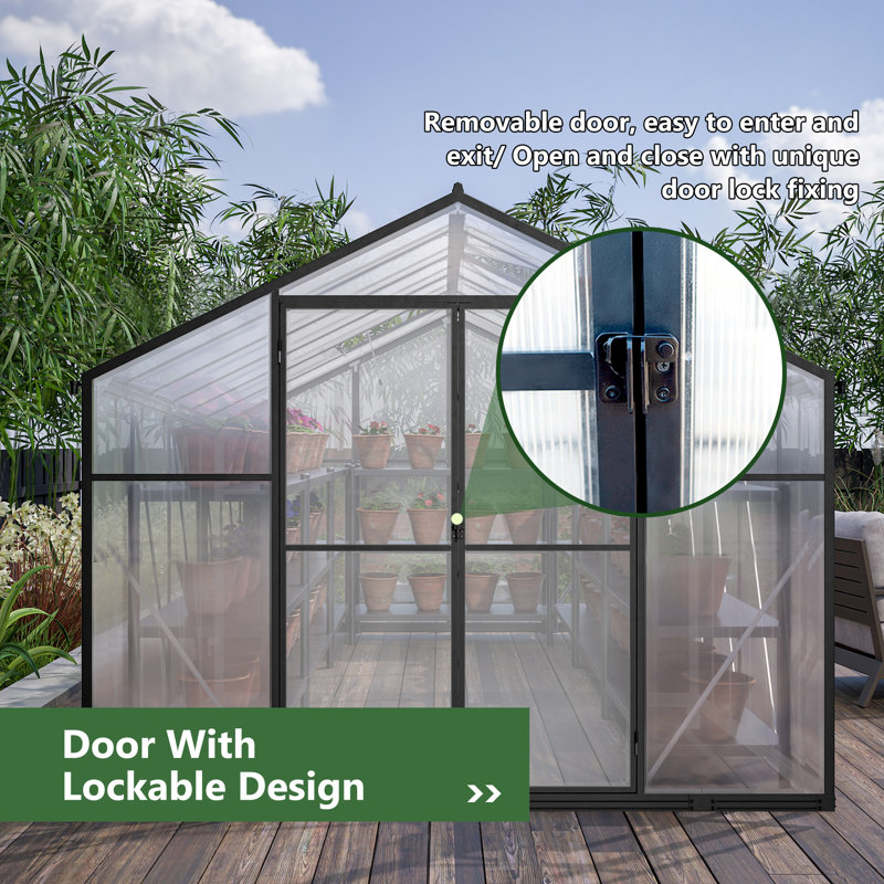 8 ft. W x 12 ft. D Polycarbonate Aluminum Frame Greenhouse With Ventilation And Rain Gutter Walk In Greenhouse For Outdoors