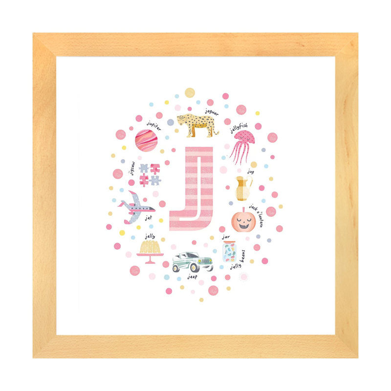 Lettre illustrée J rose - impression, H 24 po x l 24 po x p 1 po, Papier avec cadre beige, Blanc