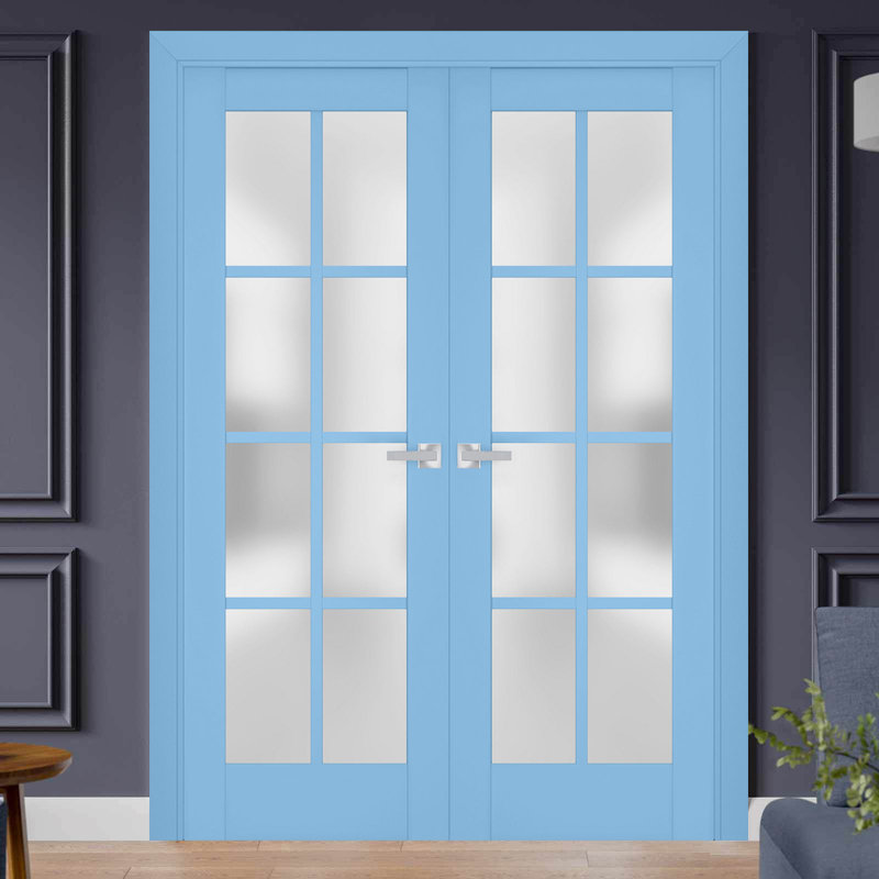 Portes doubles françaises intérieures en verre dépoli Veregio 7412 Aquamarine, cadre en bois massif, moulures, portes robustes pour placard ou chambre à coucher, 84" x 80" (2 x 42 x 80)