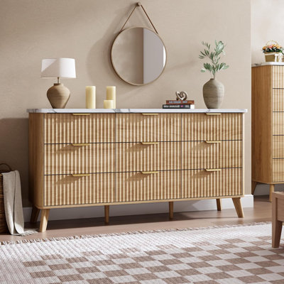 Fluted Dresser for Bedroom with 9 Deep Drawers, 60.6 in Wide Modern Chest of Drawers, Dresser TV Stand, Curved Profile Design, for Living Room, Kids R by Mercer41