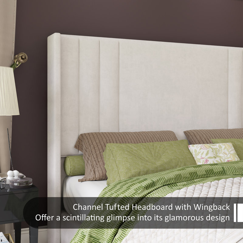 King Size Cream Velvet Upholstered Bed with Tufted Headboard
