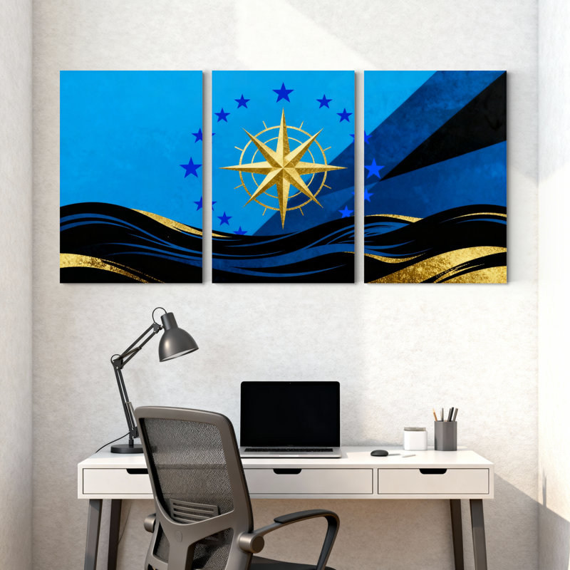 Étoiles bleues bleues, boussole dorée, ensemble de 3 impressions sur toile, H 30 po x l 60 po