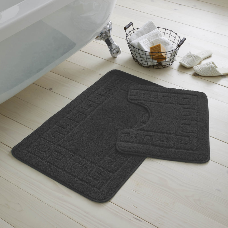 2 Piece Bathroom Rug Set Greek Key Pattern Bath Mat & Pedestal Mat Non Slip Rubber Back Soft Absorbent Mats, Charcoal