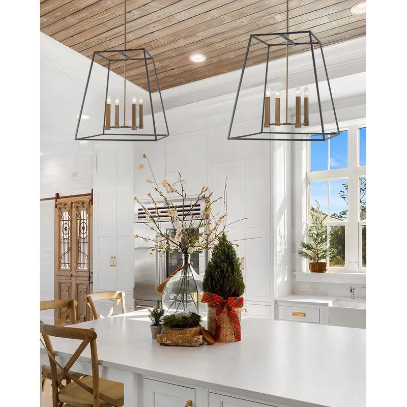 4 Light Large Open Frame Foyer Lantern in Transitional, Industrial Style Geometric Chandelier