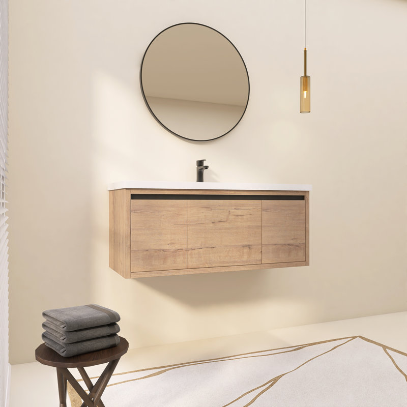 48" Wall-Mounted Single Bathroom Vanity with Resin Vanity Top, Soft Close Doors and Drawer, Oak
