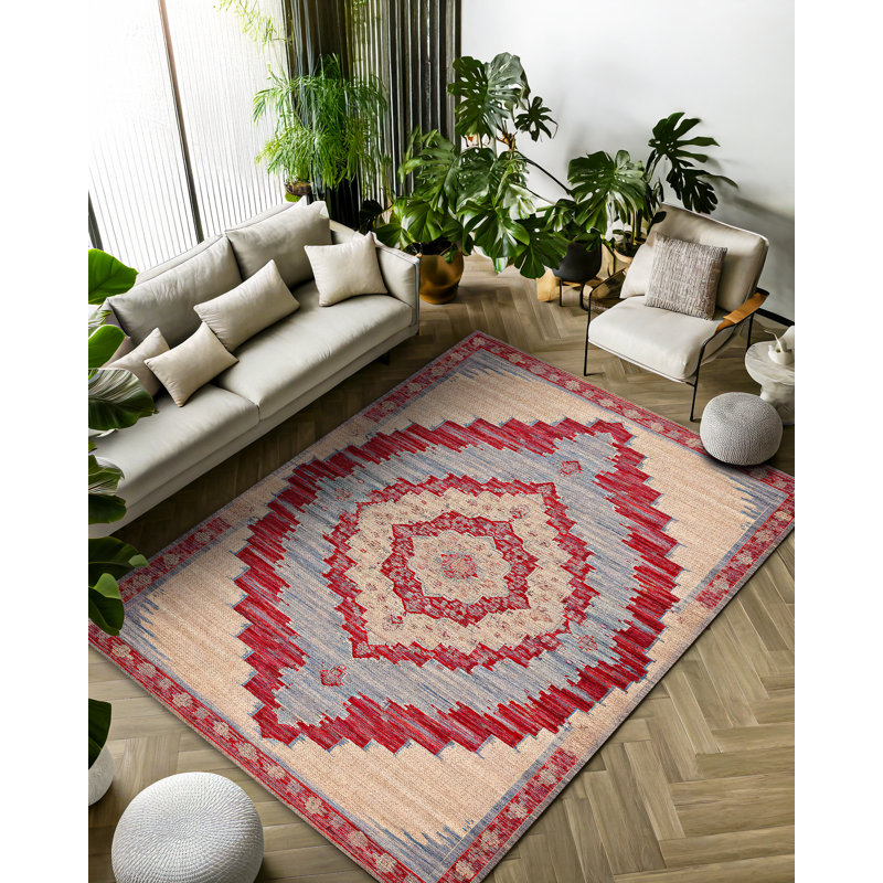 Marisol Blue Red Beige Oriental Machine Printed Cotton Polyester Area Rug, Runner 5'3" x 16'5"