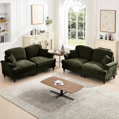 2 pièces avec pieds fuselés, coussin décoratif segmenté et mobile, tissu en chenille argenté pour un siège luxueux, volants détachables, dossier à coussin incurvé, coussin moelleux