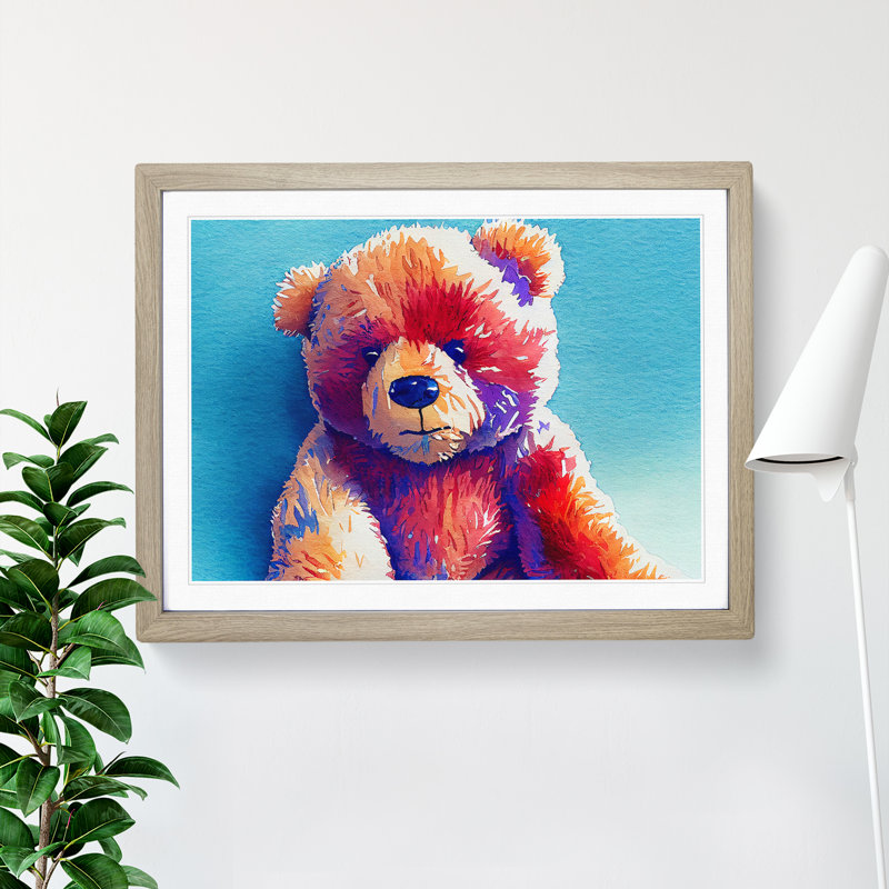 Cute Teddy Bear - Framed Print, 46cm H x 64cm W x 2cm D, Oak