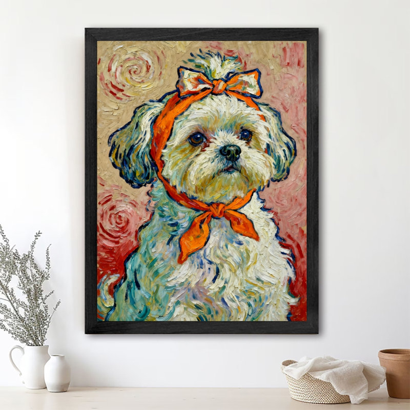 Noir encadré rétro Un mignon chien portant un foulard coloré, impressions sur toile de style rétro, H 25 po x l 17 po