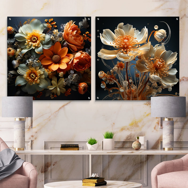«Transparent Buttercups», ensemble de 2 art mural en verre sur verre acrylique, H 36 po x l 73 po