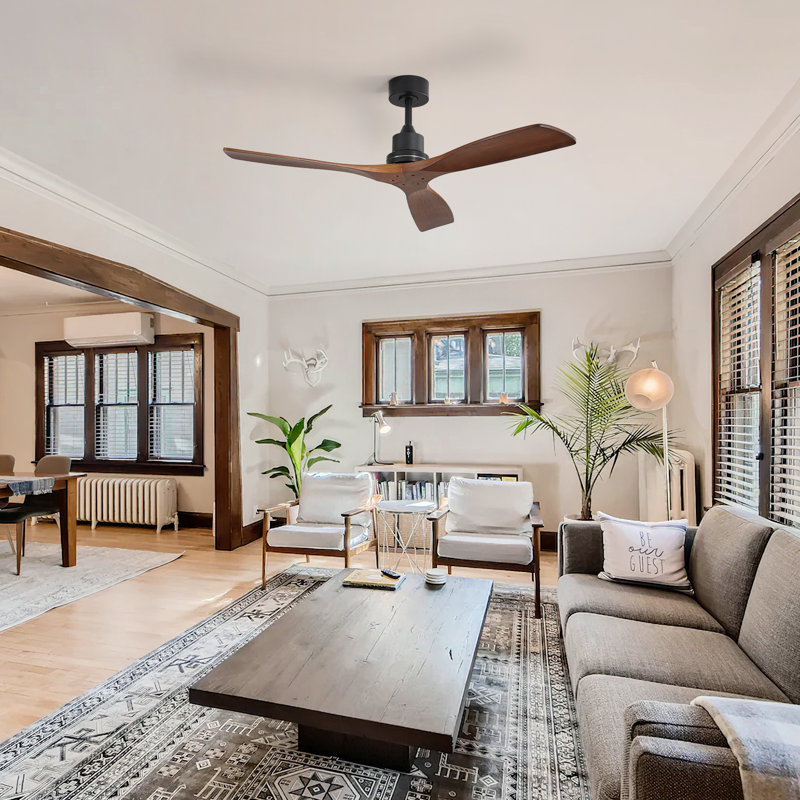 52'' Solid Wood 3-blade Modern Ceiling Fan With Remote Control And Smart App Remote Control, Black with Brown Wood Blades