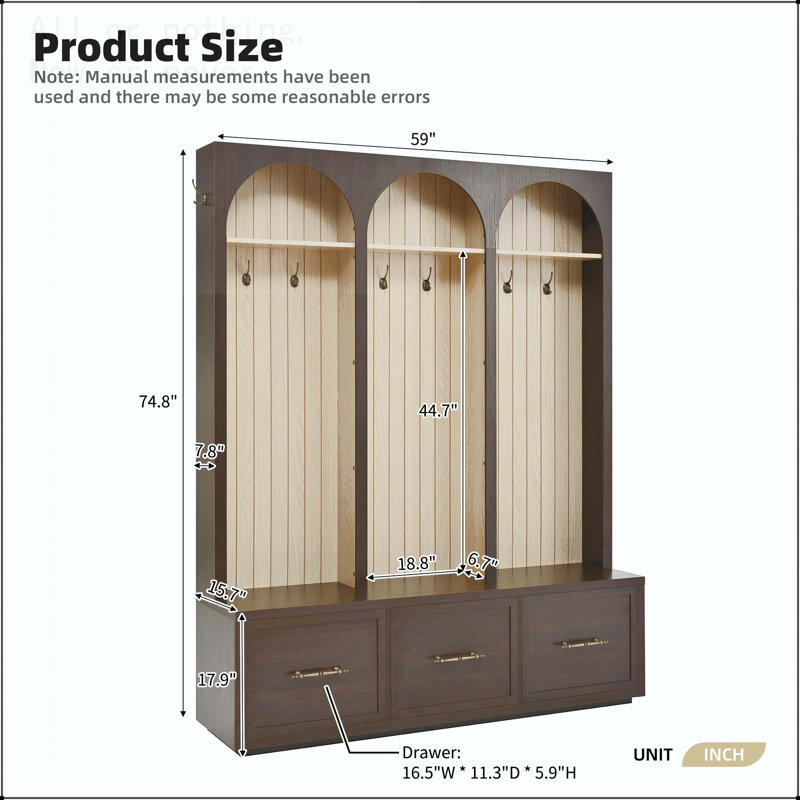 Arched Wooden Hall Tree with 8 Hooks and Drawers, Dark Walnut