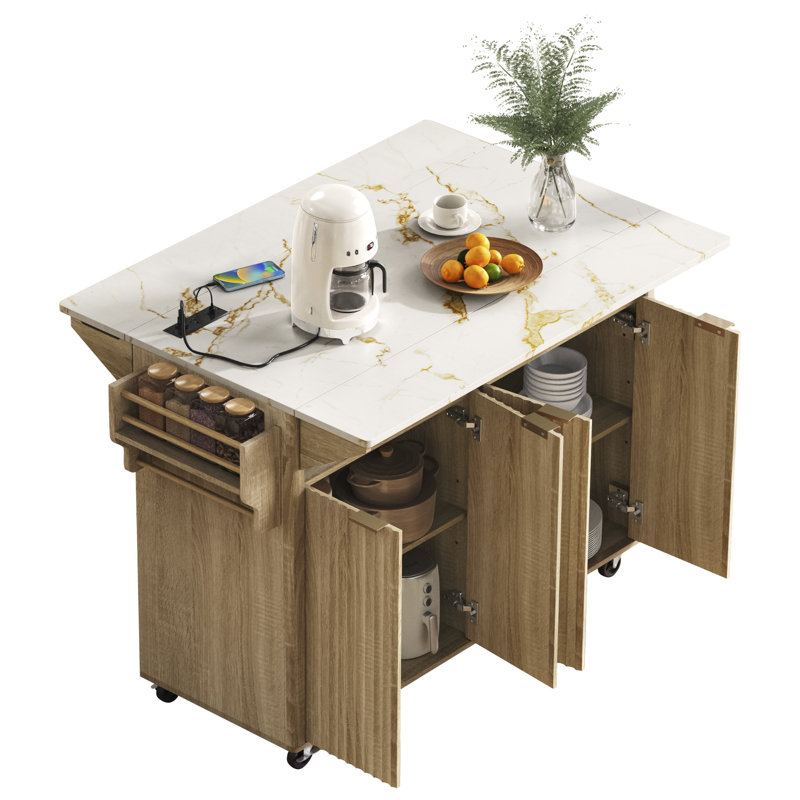 55.5" Fluted Kitchen Island with 2 Drop Leaf, Kitchen Storage Cart with Power Outlet, 4 Doors, Spice rack, Rolling Island Table with Faux Marble Top, Curved Edge for Kitchen, Dining Room,Natural