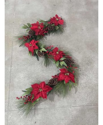【6 FT Red Poinsettia Garland】Christmas garland expands to about 6 FT, giving mantels, stair rails, doorways, windows, shelves