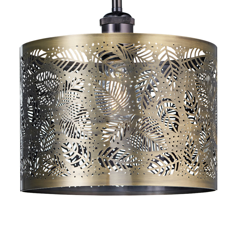 Contemporary Pendant Light Shade with Fern Leaf Decoration, Antique Brass