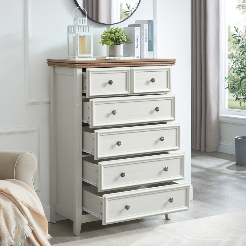 Commode 6 tiroirs beige - Unité de rangement spacieuse avec armoire à poignées fleuries rétro pour 6 tiroirs