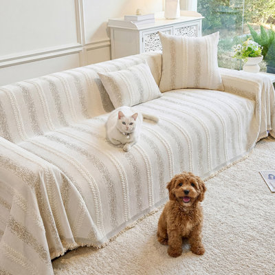 Couch Cover For Dogs Washable Sofa Cover, Sectional Couch Covers, Sofa Covers For 2 Cushion Couch, Non Slip Stripe Sofa Slipcovers Furniture Protector (Beige, 71X150)